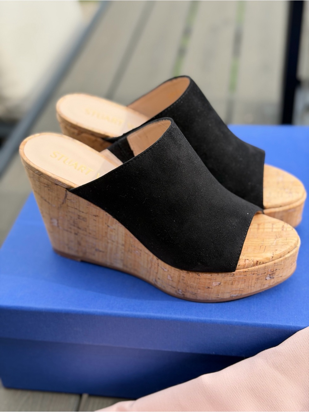 BNIB Stuart Weitzman Black Suede Cork Wedge Slide Sandals